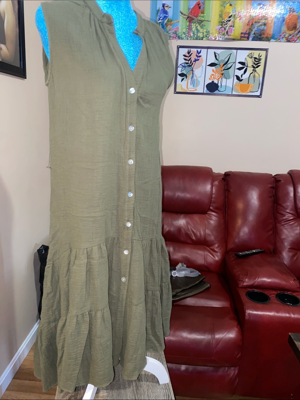 DREW Olive Green Sleeveless Tiered Button-Front Maxi Dress